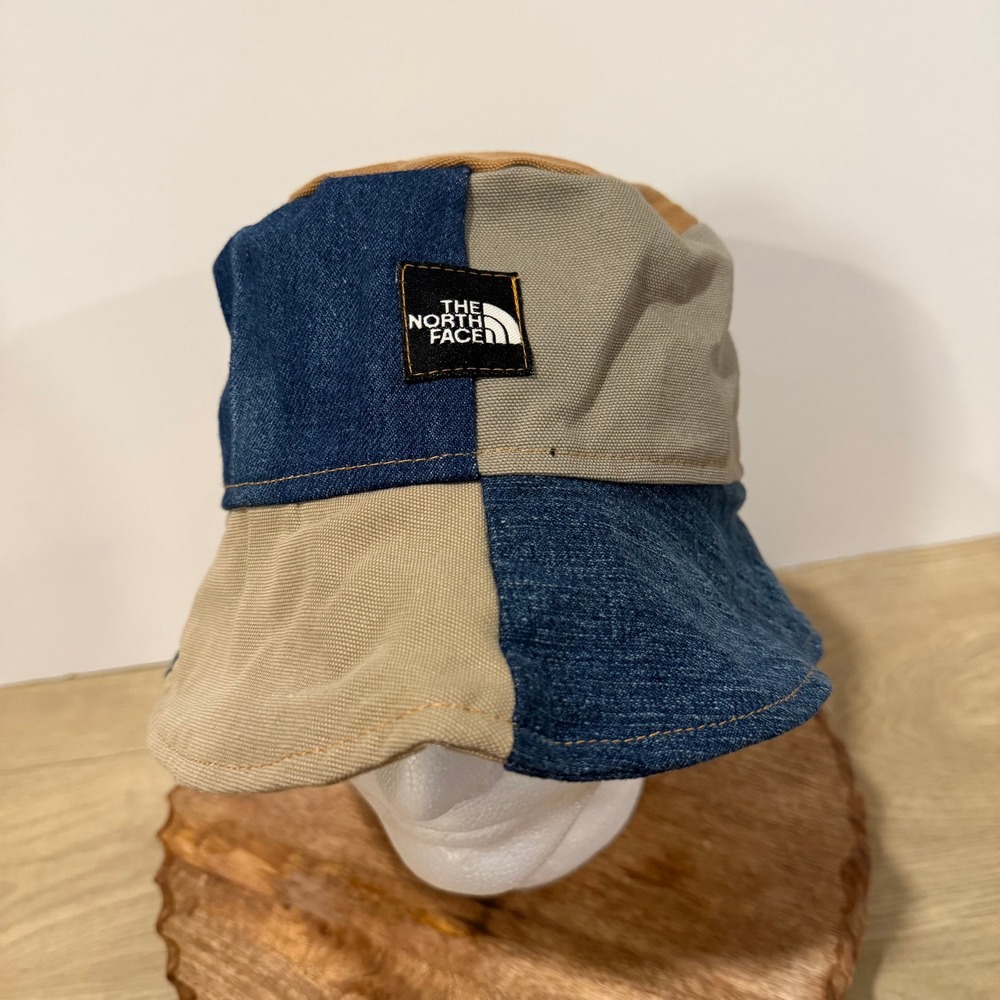 The North Face Bucket Hat Unisex OS Blue Tan Patchwork Denim Canvas Upcycled - Picture 5 of 6